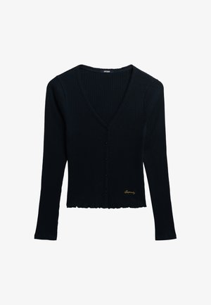 Cardigan nero a costine con maniche lunghe, scollo a V e chiusura con bottoni. Presenta un orlo corto e un logo ricamato in oro.