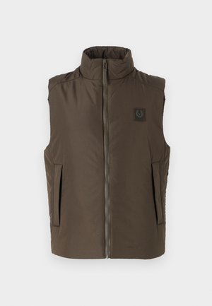 Brun uvelert vest med høy krage, frontglidelås og to sidelommer. Har et logo-patch på venstre bryst. Glatt tekstur.