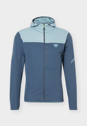 Blue and light blue hooded jacket with full front zipper, chest zip pocket, and logo on chest and left sleeve.