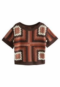 Kvačkani top s geometrijskim patchwork dizajnom u smešnim, hrđavim i kremastim bojama. Kratki rukavi i širok, ležeran kroj s velikim okruglim izrezom.