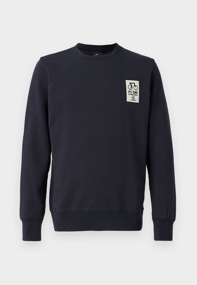 Tummansininen collegepaita, joka on valmistettu puuvillasta, pyöreällä kaula-aukolla, resorihihansuilla ja etupuolella pyöräkuva sekä teksti.