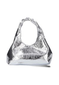 Zilverkleurig metalen handtas met een gekreukeld textuur, afgeronde bovenhandgreep en een brede, gestructureerde basis. Eenvoudig, naadloos ontwerp.