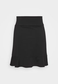 Jupe noire longueur genou avec une taille haute et un ourlet subtilement volanté, présentée sur un fond clair uni.