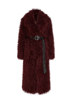 Burgundy faux fur coat with a deep V-neck, long sleeves, and a belted black leather waist. Features a fluffy texture and mid-calf length.