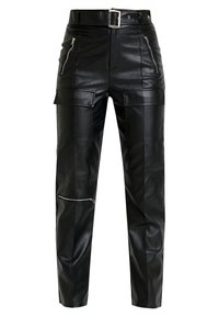 Black leather cargo pants featuring a belt, multiple zippered pockets, and a relaxed fit with zipper accents on the legs.