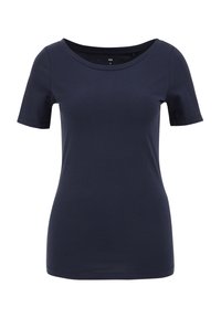 T-shirt navy blu con maniche corte realizzato in un tessuto morbido e elasticizzato, con scollo ampio e una vestibilità comoda, privo di motivi o dettagli visibili.