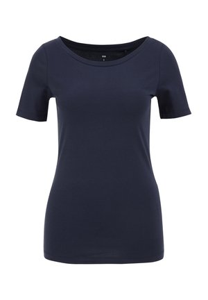 Mornarsko modra majica s kratkimi rokavi iz gladkega, raztegljivega materiala s širokim izrezom in udobnim krojem, brez vidnih vzorcev ali dodatkov.