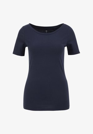 Marineblå kortærmet t-shirt i et glat, strækbart stof med en bred halsudskæring og en behagelig pasform, uden synlige mønstre eller accenter.