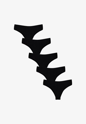 Vijf paar zwarte katoenen bikinitrussen met een low-rise ontwerp en een zachte elastische tailleband, met naadloze randen en zonder patroon.
