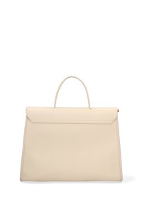Borsa a mano in pelle beige con un design strutturato, pattina piatta superiore e un solo manico. Texture liscia con minimi accessori in metallo.