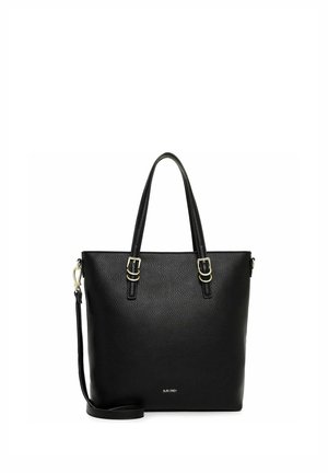 Bolso tote de cuero negro con textura, con doble asa, correa de hombro desmontable y pequeño logo plateado en la parte inferior central.