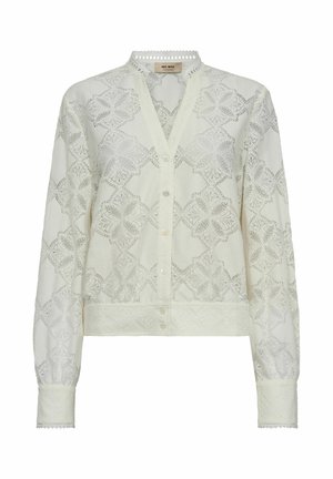 White lace blouse with intricate floral patterns, V-neckline, long sleeves, and button front. Features delicate trim on collar and cuffs.