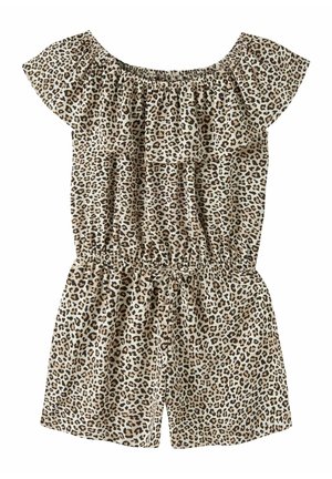 Tuta corta leopardata con spalle scoperte, scollo arricciato, vita elastica e maniche e pantaloncini corti.