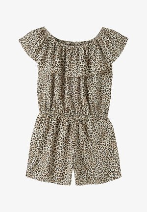 Off-shoulder jumpsuit met luipaardprint, gerimpelde halslijn, elastische taille en korte mouwen en korte broek.