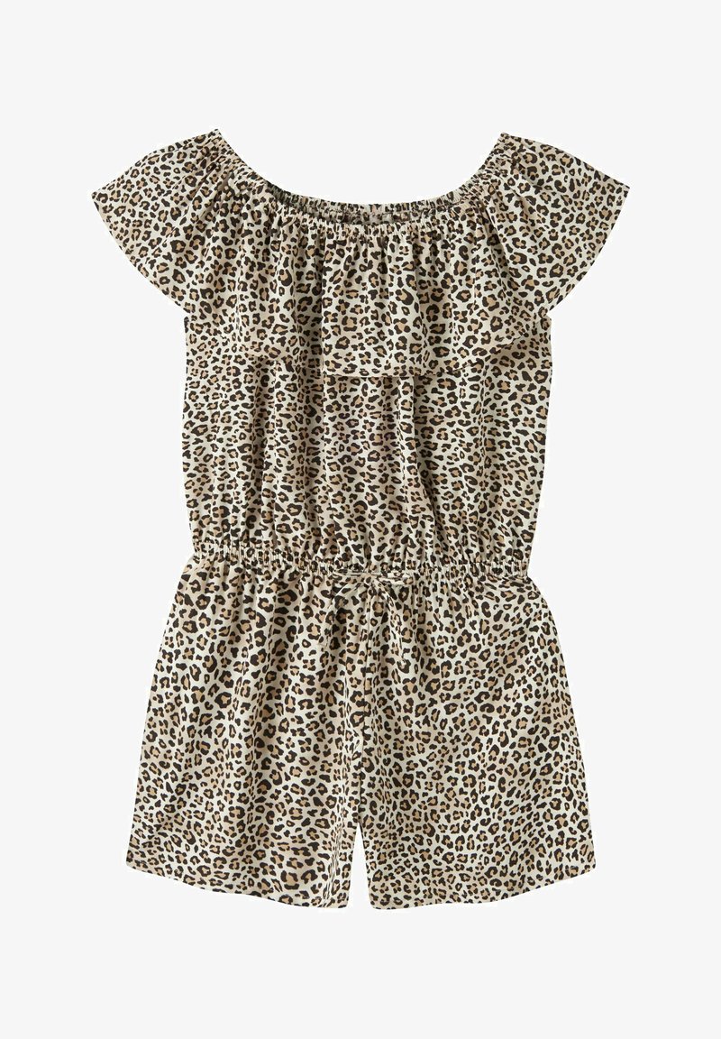 Ολόσωμη φόρμα με λεοπάρ σχέδιο χωρίς ώμους, με βολάν στο ντεκολτέ, ελαστική μέση και κοντά μανίκια και σορτς.