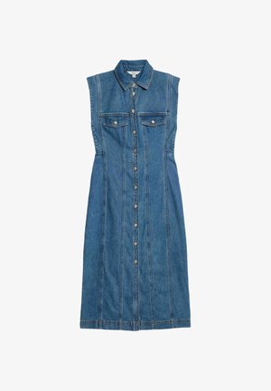Denim jurk zonder mouwen met een knoopsluiting aan de voorkant, een kraag, twee borstzakken en verticale naaddetails in middelblauw.