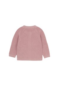 Rosa stickad tröja med ett strukturerat mönster, rund halsringning och ribbade muddarna och nederkant; har raglanärmar och en avslappnad passform.