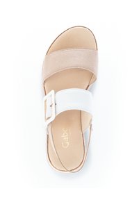 Beige and white sandal with wide straps, featuring a shiny buckle. Soft suede texture with a cushioned footbed and minimalistic design.