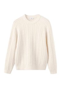 Maglione color crema chiaro a trecce con collo rotondo, maniche raglan e polsini e orlo a coste. Realizzato in un tessuto morbido e strutturato.
