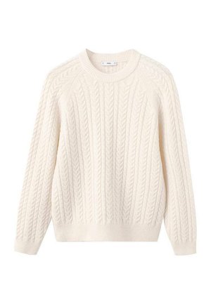 Helles cremefarbenes Strickpullover mit Rundhalsausschnitt, Raglanärmeln sowie gerippten Bündchen und Saum. Hergestellt aus einem weichen, strukturierten Stoff.