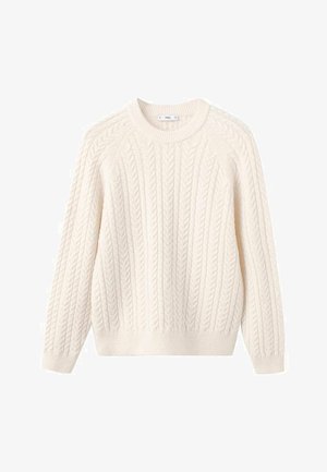 Svjetlokrémasti džemper pleten u kabel uzorku s okruglim izrezom, raglan rukavima te rebrastim manšetama i rubom. Izrađen od meke, teksturirane tkanine.