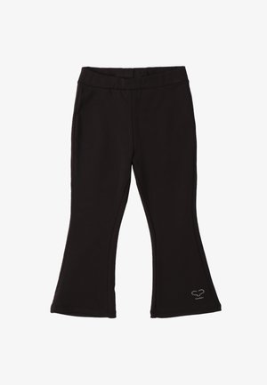 Schwarze, ausgestellte Leggings aus weichem, dehnbarem Material, mit einem glatten Bund und einem kleinen Strassdetail am Saum.