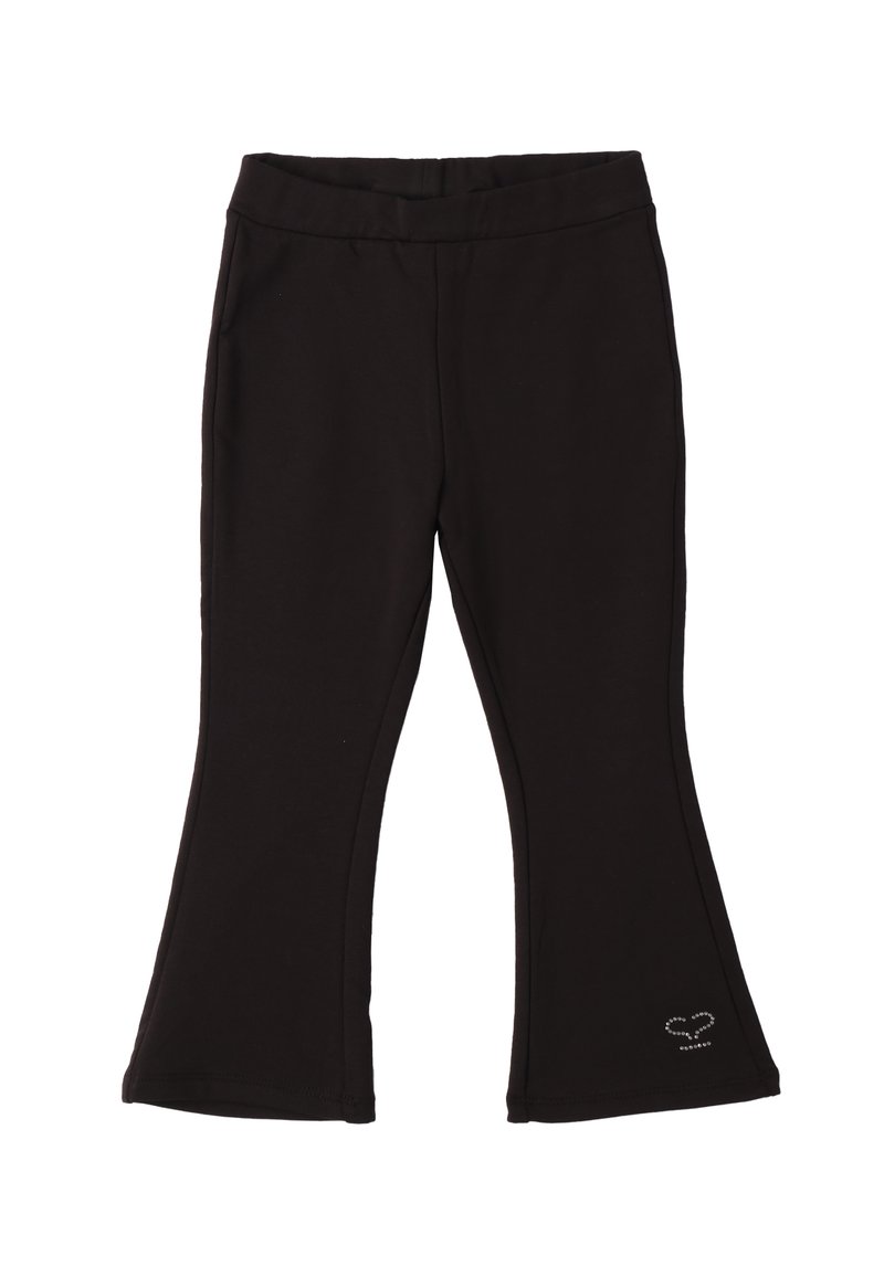 Leggings neri a zampa d'elefante realizzati in tessuto morbido e elasticizzato, con una vita liscia e un piccolo dettaglio di strass vicino all'orlo.