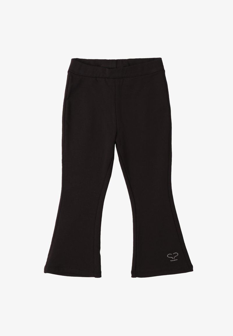 Czarne dzwonowate legginsy wykonane z miękkiego, elastycznego materiału, z gładkim pasem w talii i małym detalem w postaci cyrkonii przy końcu.