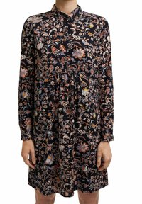 Svart klänning med långa ärmar, blommönster i nyanser av orange, blått och vitt. Har en krage och knappar fram.