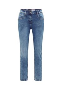 Jasnoniebieskie dżinsy o prostym kroju nogawki, z pięcioma kieszeniami, zapięciem na guzik i subtelnym wyblaknięciem. Wytrzymały materiał o klasycznym dopasowaniu.