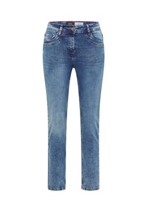 Jeans de mezclilla azul claro con un diseño de pierna recta, cinco bolsillos, cierre de botón y un ligero desvanecimiento. Tejido duradero con un ajuste clásico.