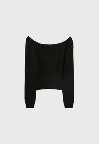 Zwarte cropped trui met een zachte textuur, off-the-shoulder ontwerp, lange mouwen en een geribbelde zoom. Eenvoudige en klassieke stijl.