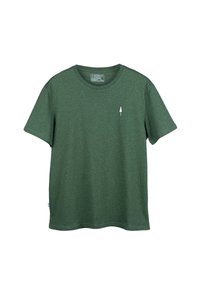 Grünes Baumwoll-T-Shirt mit rundem Halsausschnitt und kurzen Ärmeln. Mit einem kleinen weißen Baum-Logo auf der linken Brust. Weicher Stoff.