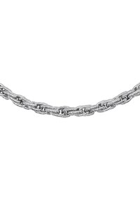 Collana in metallo argento con anelli intrecciati a incastro. Texture liscia e finitura lucida, con una superficie riflettente e uniforme.