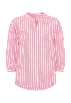 Roze-witte blouse met verticale strepen, lange mouwen, knopen aan de voorkant en een ronde bandkraag.
