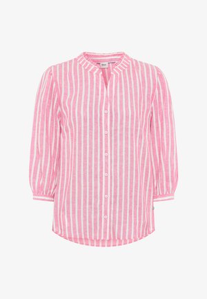 Rosa-weiß gestreifte Bluse mit langen Ärmeln, vertikalen Streifen, Knöpfen vorne und rundem Stehkragen.