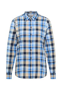Blå, beige og marineblå plaidskjorte med knaplukning, spids krave og lange ærmer. Har en glat stofstruktur og almindelig pasform.