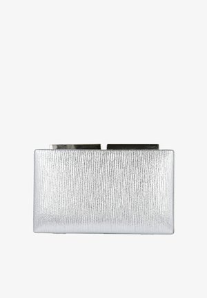 Bolso clutch rectangular plateado con acabado texturizado, que presenta un cierre superior liso. Diseño compacto con detalles metálicos.