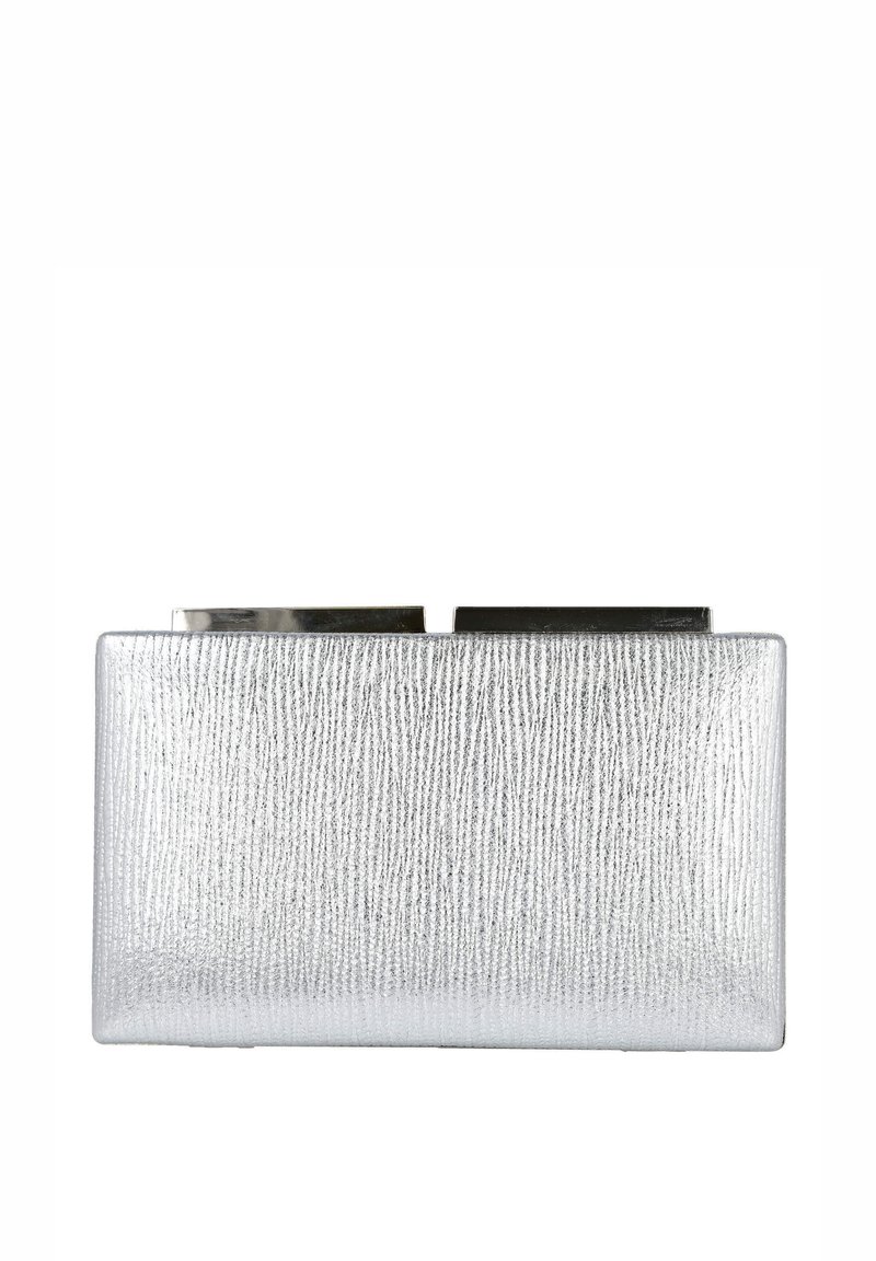 Bolso clutch rectangular plateado con acabado texturizado, que presenta un cierre superior liso. Diseño compacto con detalles metálicos.