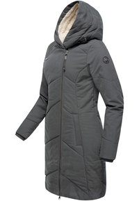 Parka longue grise avec capuche texturée, fermeture éclair sur le devant, poches latérales et motif matelassé sur le tissu. Détail de l'intérieur doublé visible.