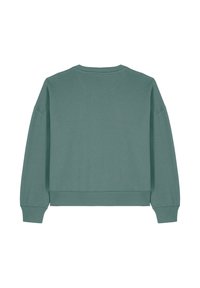 Sweatshirt vert avec col rond, manches longues et coupe décontractée. Texture lisse et poignets côtelés au bas et aux ouvertures des manches.