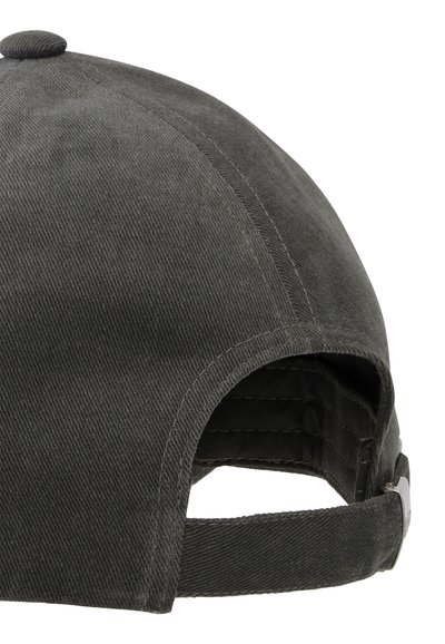 Dark gray fabric baseball cap viewed from the back with adjustable strap and metal buckle closure.