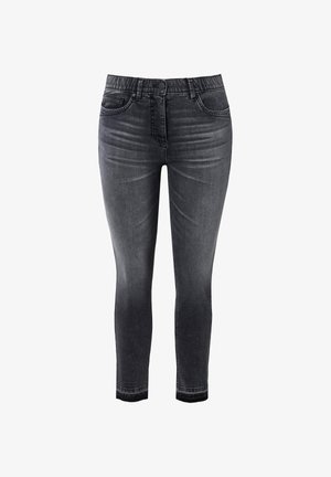Black denim skinny jeans with a smooth texture, five-pocket design, and an elastic waistband for comfort. Slightly faded wash at the thighs.