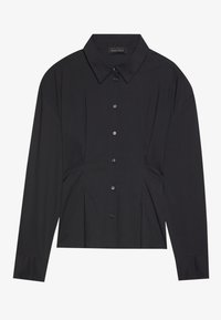 Camicia nera a maniche lunghe con colletto a punte, chiusura anteriore con bottoni e dettagli arricciati in vita. Tessuto liscio con siluetta aderente.