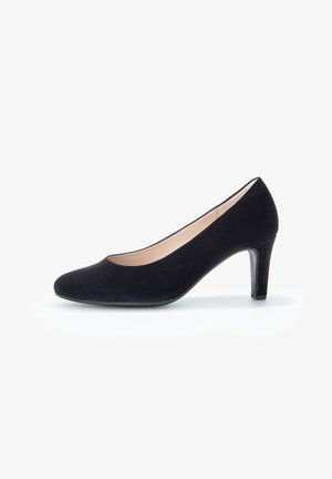 Black suede high-heeled pump with a rounded toe, featuring a smooth texture and a 3-inch heel, offering a classic silhouette.