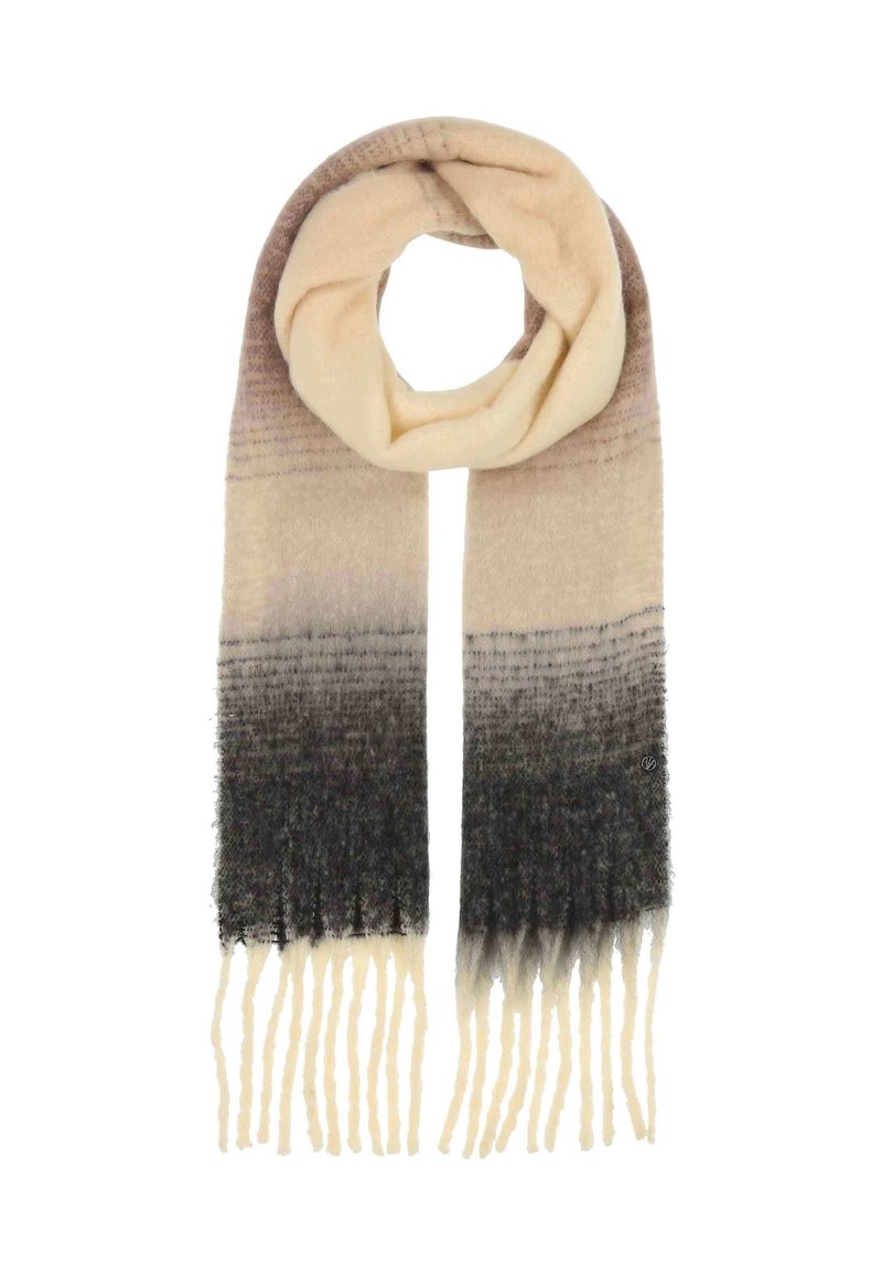 Écharpe douce à dégradé en tons beige et gris foncé, avec de longues franges à chaque extrémité, pliée en boucle sur un fond blanc.