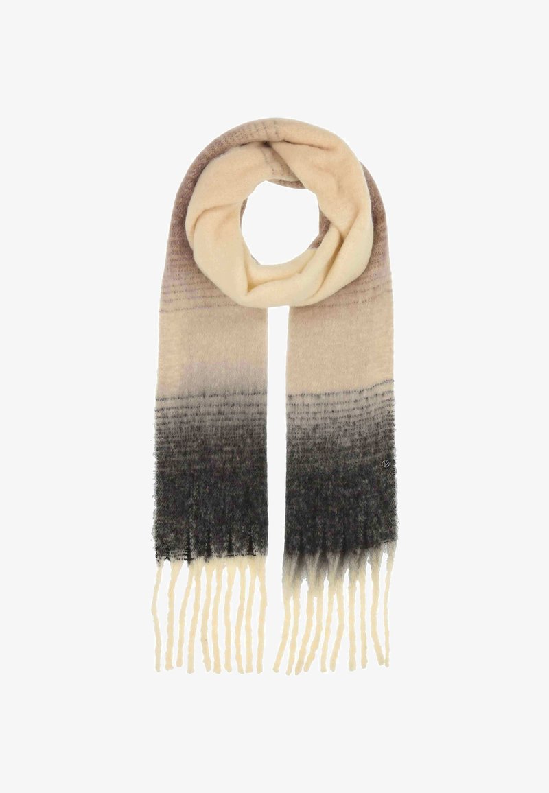 Sciarpa con sfumature delicate di beige e grigio scuro, con lunghe frange a entrambe le estremità, piegata a loop su uno sfondo bianco.