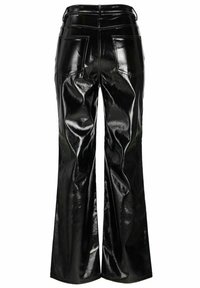 Black faux leather wide-leg trousers with a glossy finish, featuring two back pockets and visible stitching detail along the seams.