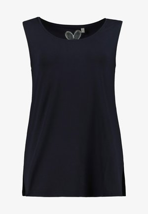 Marinefarbener Tanktop aus weichem Stoff, mit rundem Halsausschnitt, ärmellosem Design und seitlichen Schlitzen für zusätzliche Bewegungsfreiheit und Komfort.