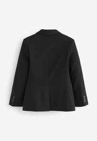 Blazer nero con colletto a scialle, forma strutturata e polsini con bottoni. Tessuto liscio con dettagli di cucitura sul retro.